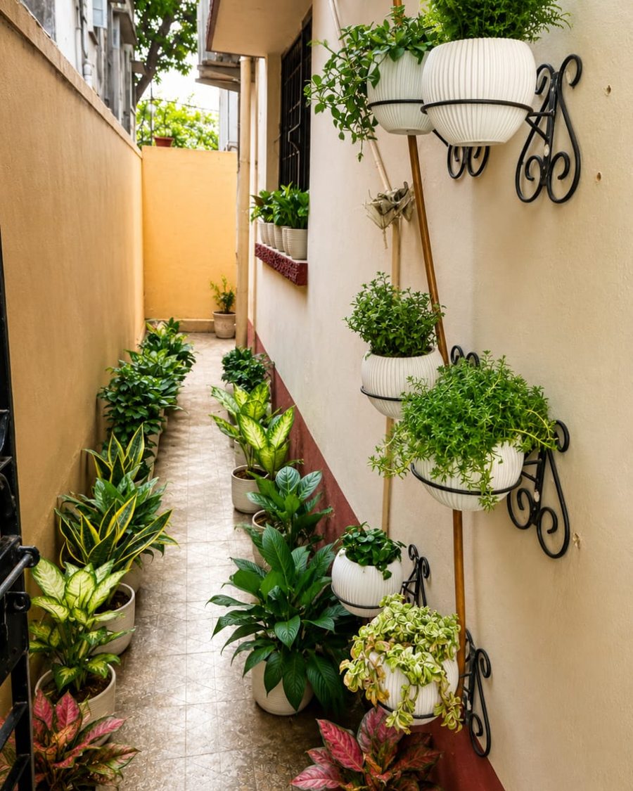Planted troughs running the length of a workstation bank.