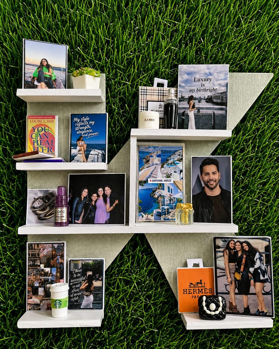 A letter-shaped Memory Wall holding photographs, travel pictures and personal objects.