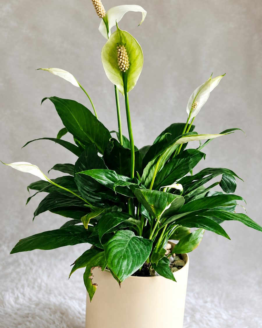 A Peace Lily with white spathes and dark green leaves in a cream ceramic pot.