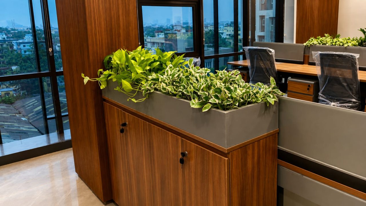 A grey trough planter built into office joinery, planted with neon and marble pothos, beside a window.